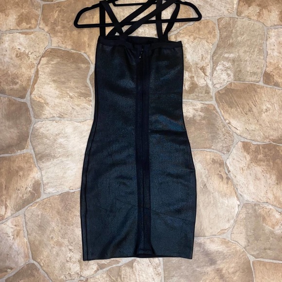 Herve Leger Black Metallic Shiny Bandage Strappy Bodycon Mini Dress, Size XS - Picture 7 of 8